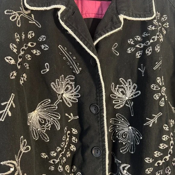 Vtg 90s Artsy XL Black Embroidery Floral Western Cotton Denim Jacket Celestial - Picture 6 of 9